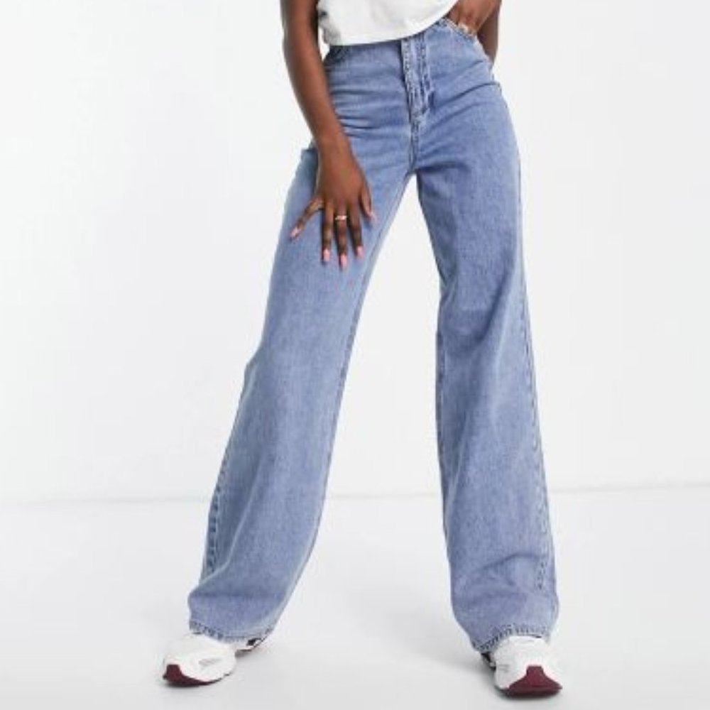 Pieces Elli high rise wide leg jeans in light blue